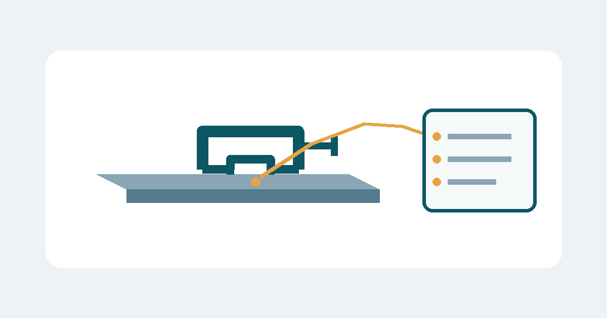 A micrometer beside a steel sheet and a linked location record, representing a documented thickness measurement.