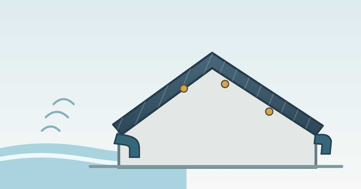 Coastal roof with separate sheet, fastening and rainwater components beside a sea-spray exposure symbol.