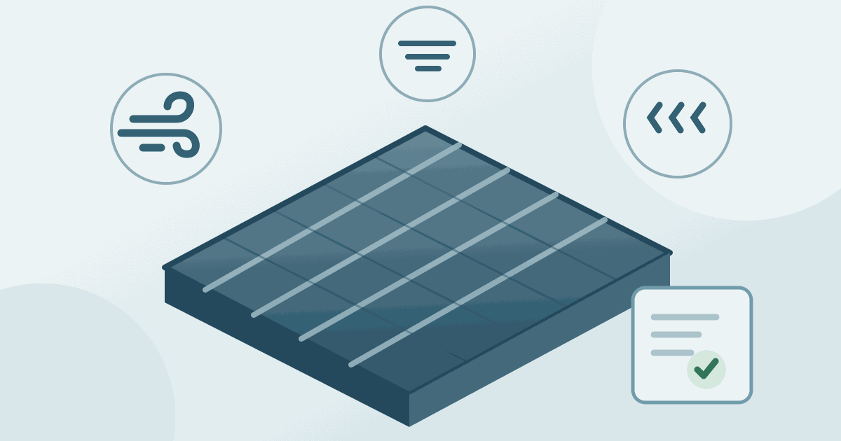 One metal roof with distinct wind, snow and hail symbols and a document-check motif.