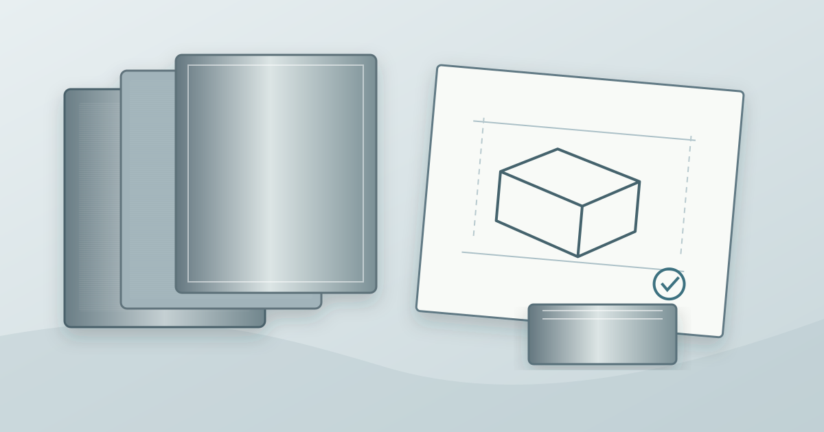 Three stainless sheet samples beside a component drawing and an acceptance sample.