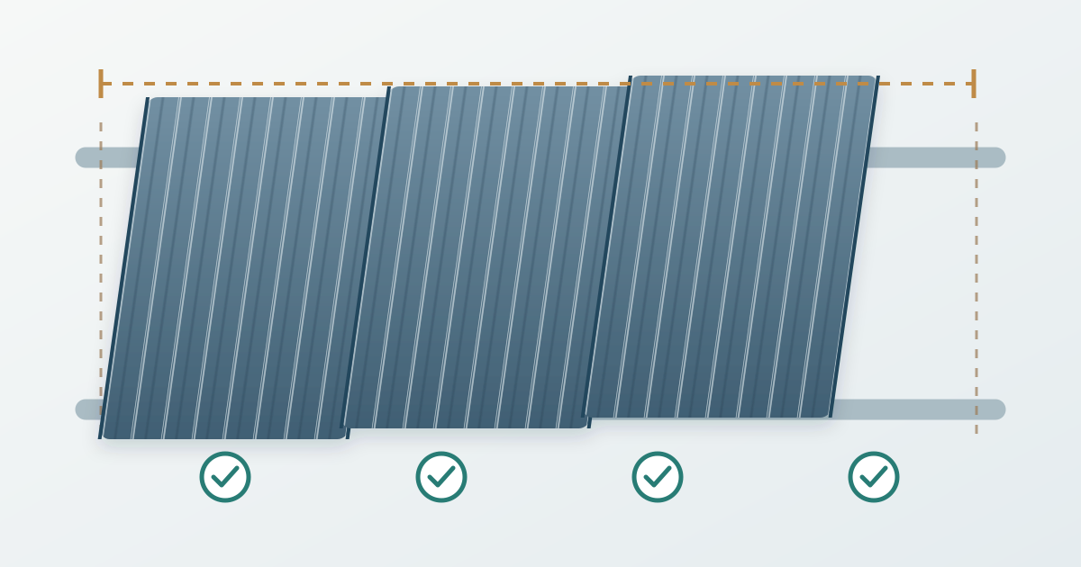 Profiled metal roof sheets above their supports, with setting-out lines and staged inspection markers.