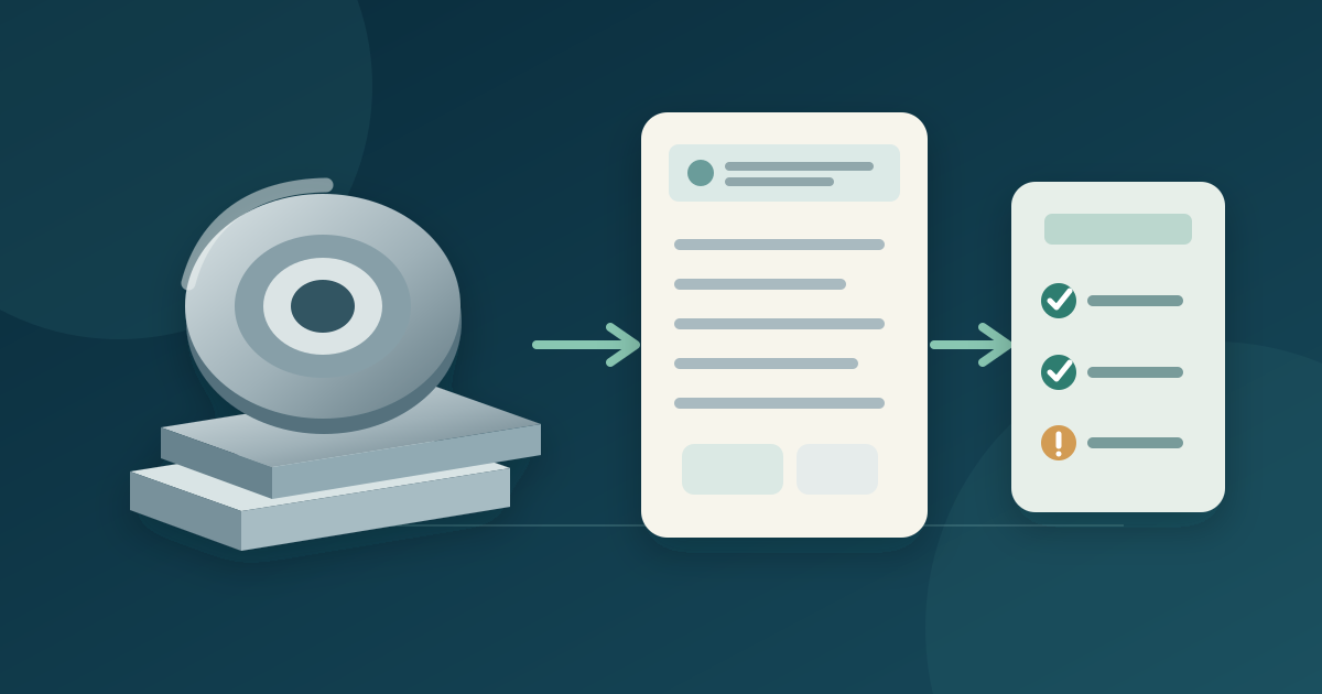 A steel coil and plate connected to an abstract inspection record and a separate review checklist, without signatures or approval seals.