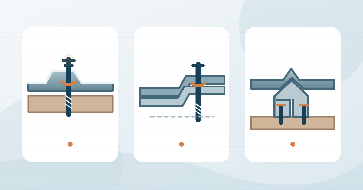 Metal roof panel with separate panel screws, lap screws and a concealed clip, arranged as three connection choices.