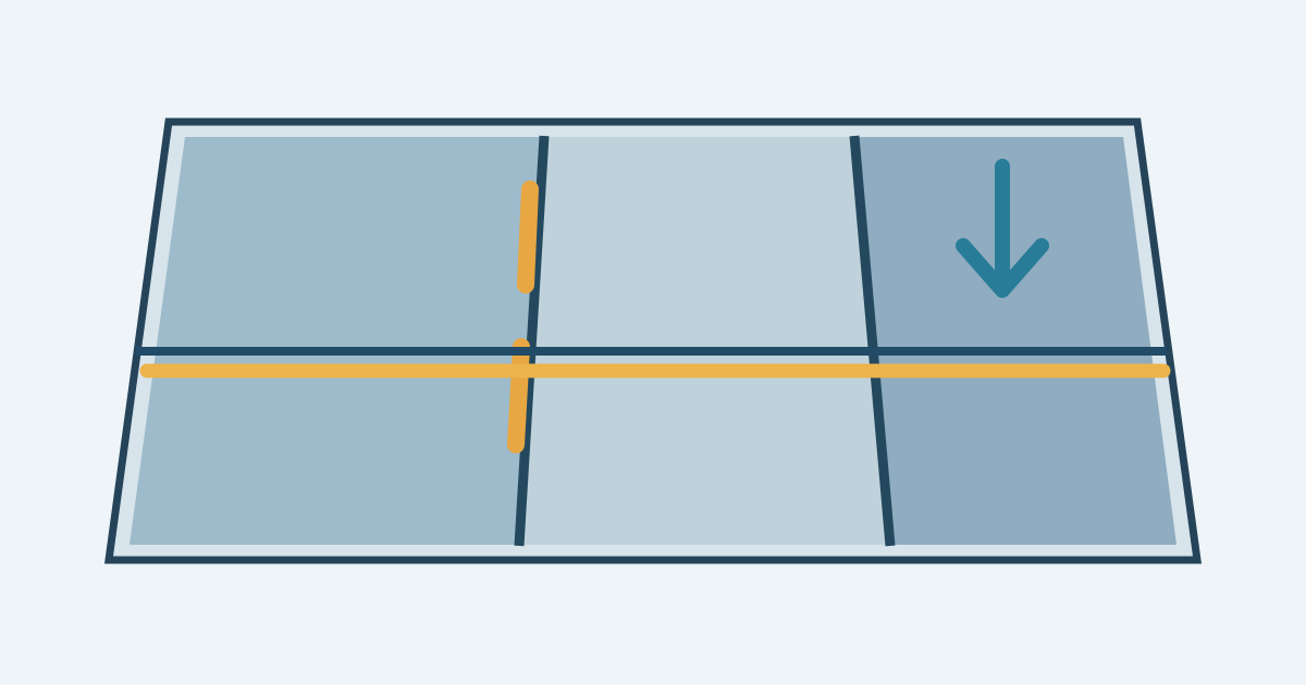 Two roof panels with side and end overlaps highlighted and a downslope water arrow.