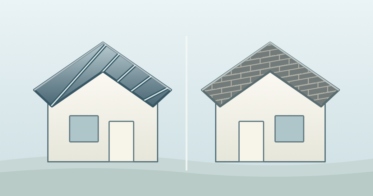 A steel-panel roof and an asphalt-shingle roof shown on matching simple house forms.